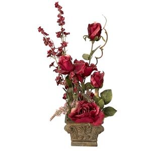 FAUX SILK FLORAL Arrangement Resin Ornate Planter Red Green VGC